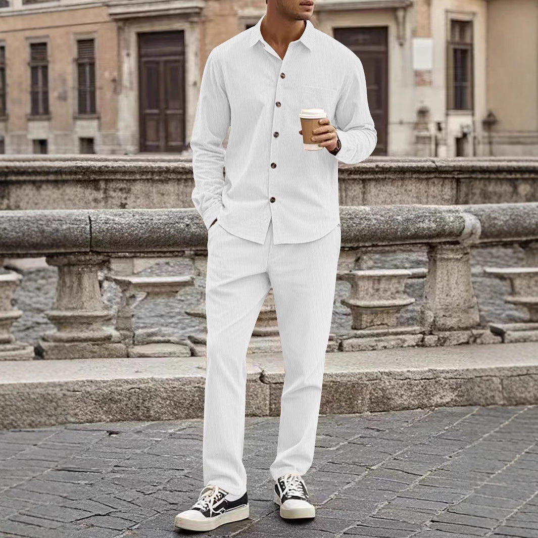 Men's brown corduroy matching shirt and pants set relaxed fit with Nordic-inspired casual style