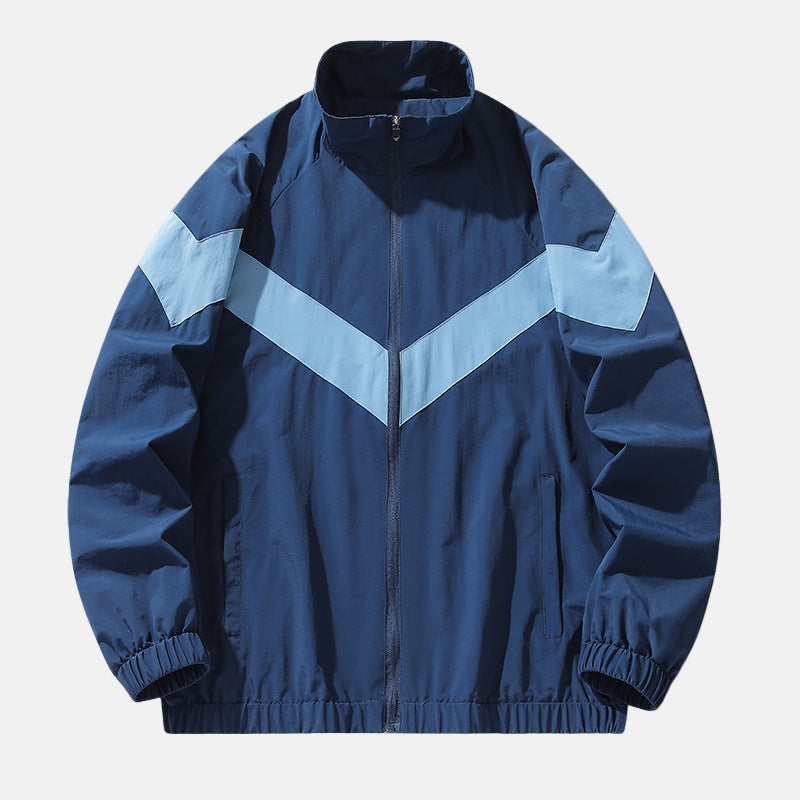 Lightweight wind-resistant color-block V-stripe track jacket with elastic cuffs for active athletes