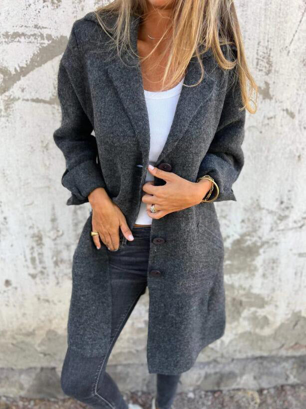 Women's mid-length wool-feel coat relaxed fit lapel collar single-breasted elegant everyday style