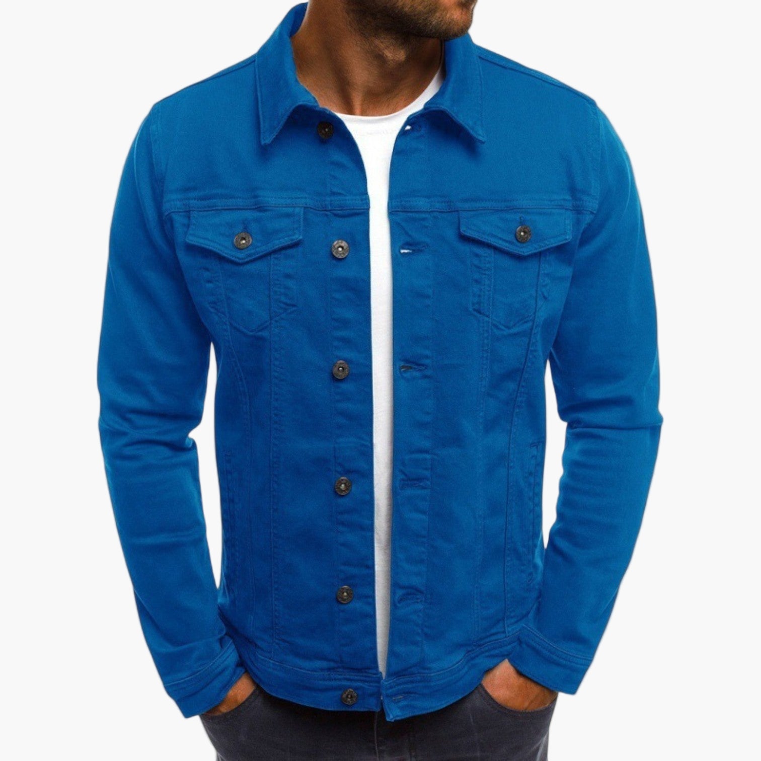 Men's slim fit blue denim jacket with workwear patch chest pocket for office and casual wear