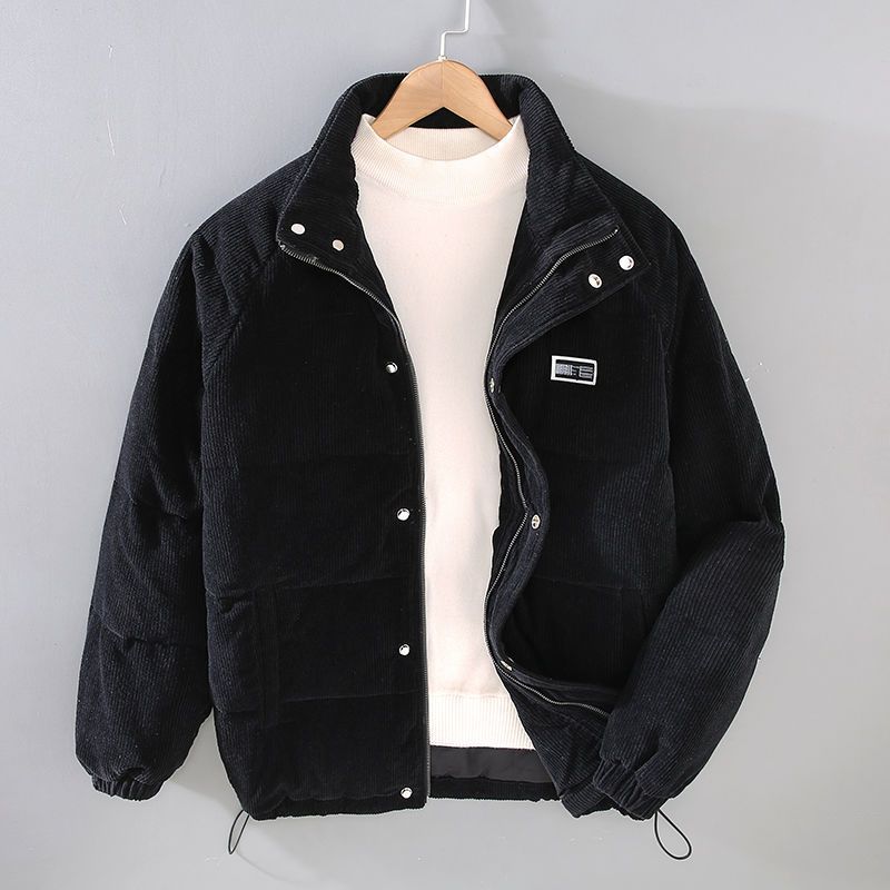 Men's navy corduroy-look down jacket high collar snap buttons slim winter fit premium warmth