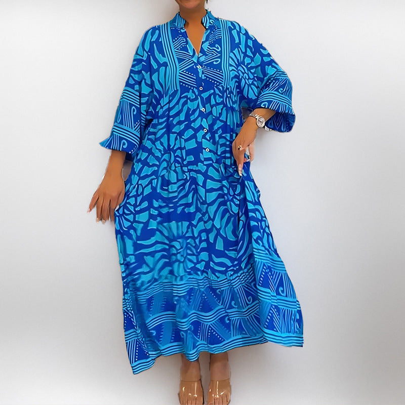 Women's loose-fit midi dress in breathable cotton-viscose blend, chic vacation style