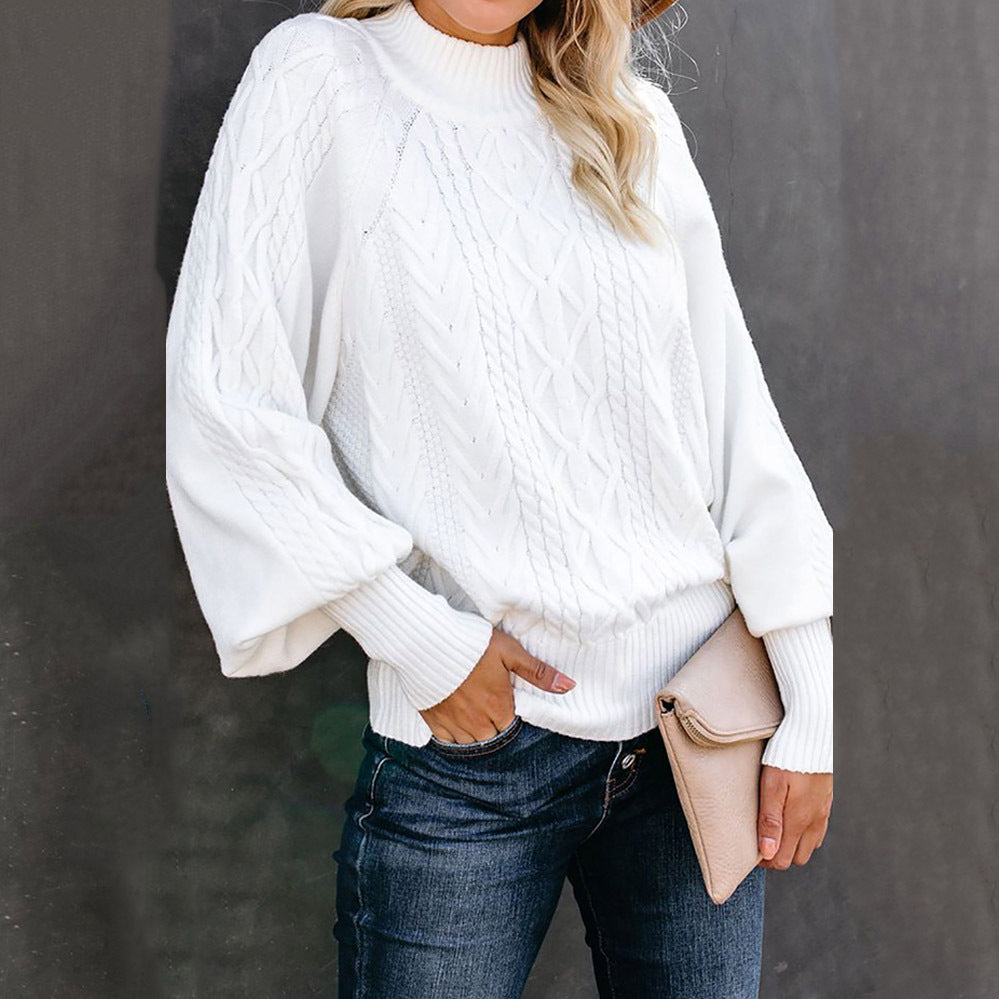 Women's chunky knit sweater beige high collar voluminous sleeves hooded cozy cold-weather style