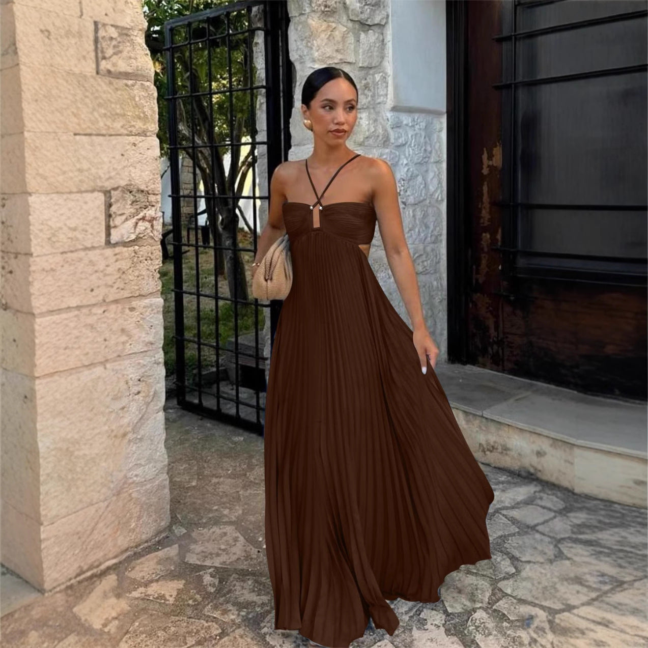 Strapless pleated A-line maxi dress with cross-detail accents and side slit for summer parties