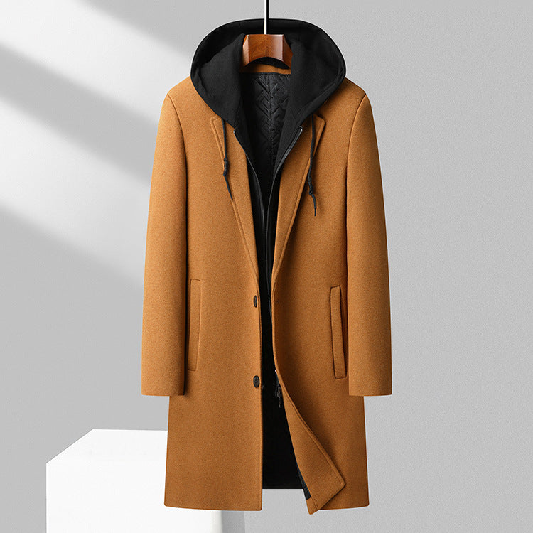 Men's long wool blend coat in classic cut with structured hood and button front for winter warmth