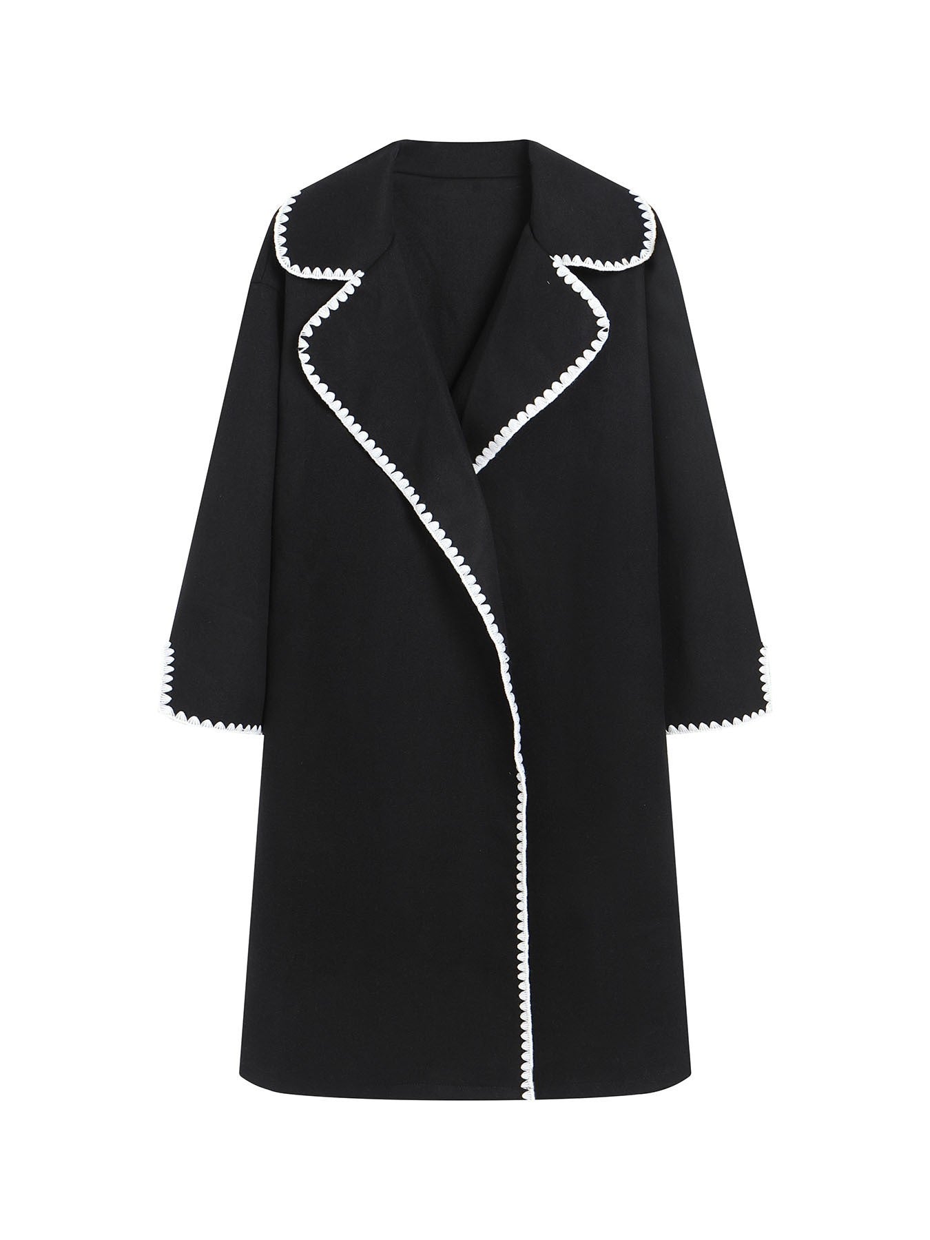 Women's oversized wool windbreaker jacket with lapel collar and embroidered shell detail, city-chic style