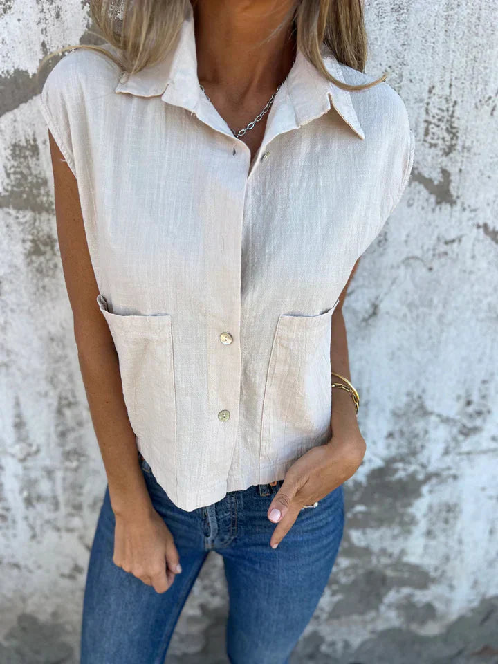 Women's sleeveless utility top relaxed fit button-up breathable cotton-feel warm weather casual shirt