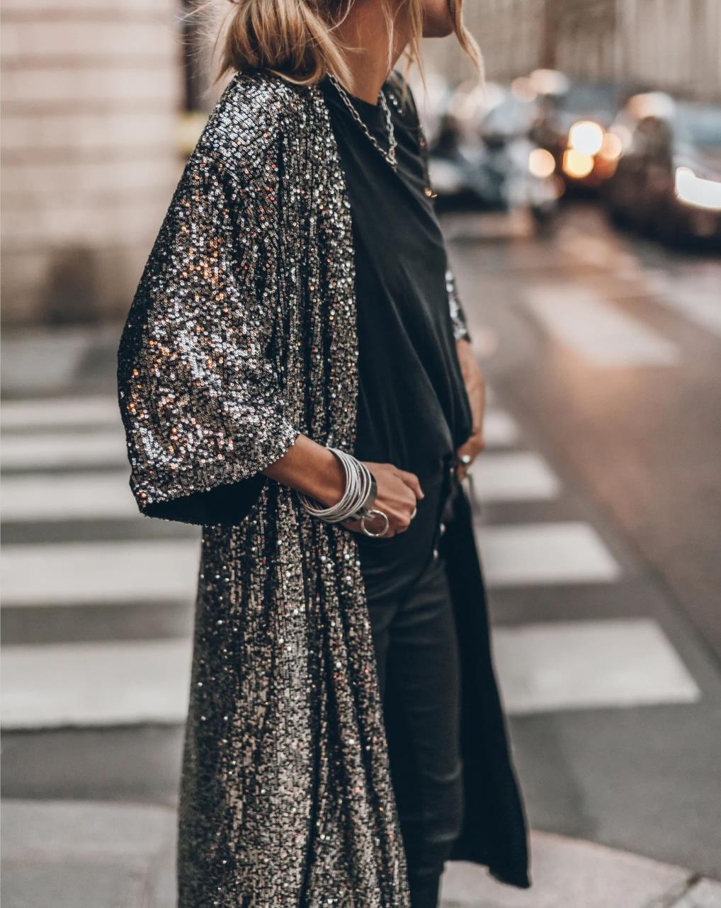 Women's sequin embellished relaxed fit open front cardigan with three-quarter sleeves party style