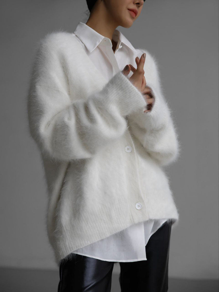 Women's oversized fluffy knit cardigan loose fit soft mohair blend with button closure