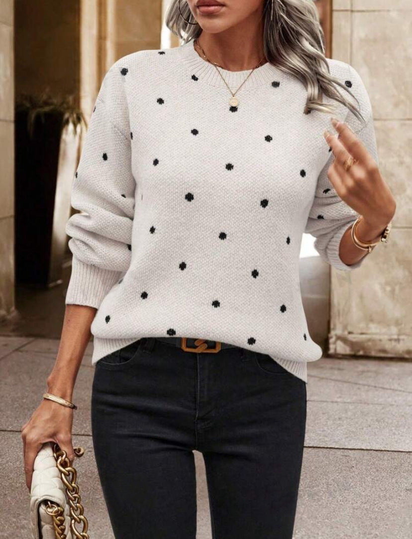 Women's relaxed fit polka dot wool-blend knit sweater round neck long sleeves warm casual style