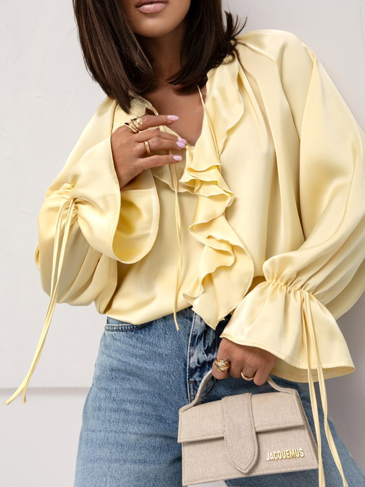 Women's satin blouse relaxed fit long sleeves tie neck ruffles luxurious sheen elegant style