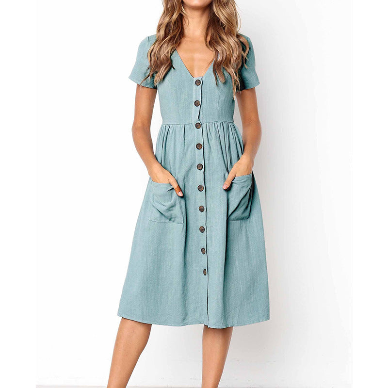 Women's A-line midi dress V-neck button-front cotton blend with pockets casual spring style