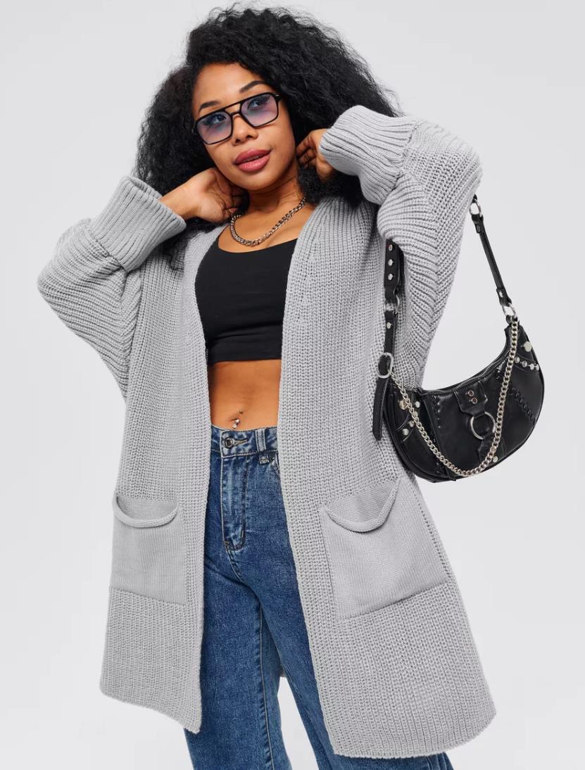 Women's oversized open-front knitted cardigan in cozy wool blend, relaxed layering essential