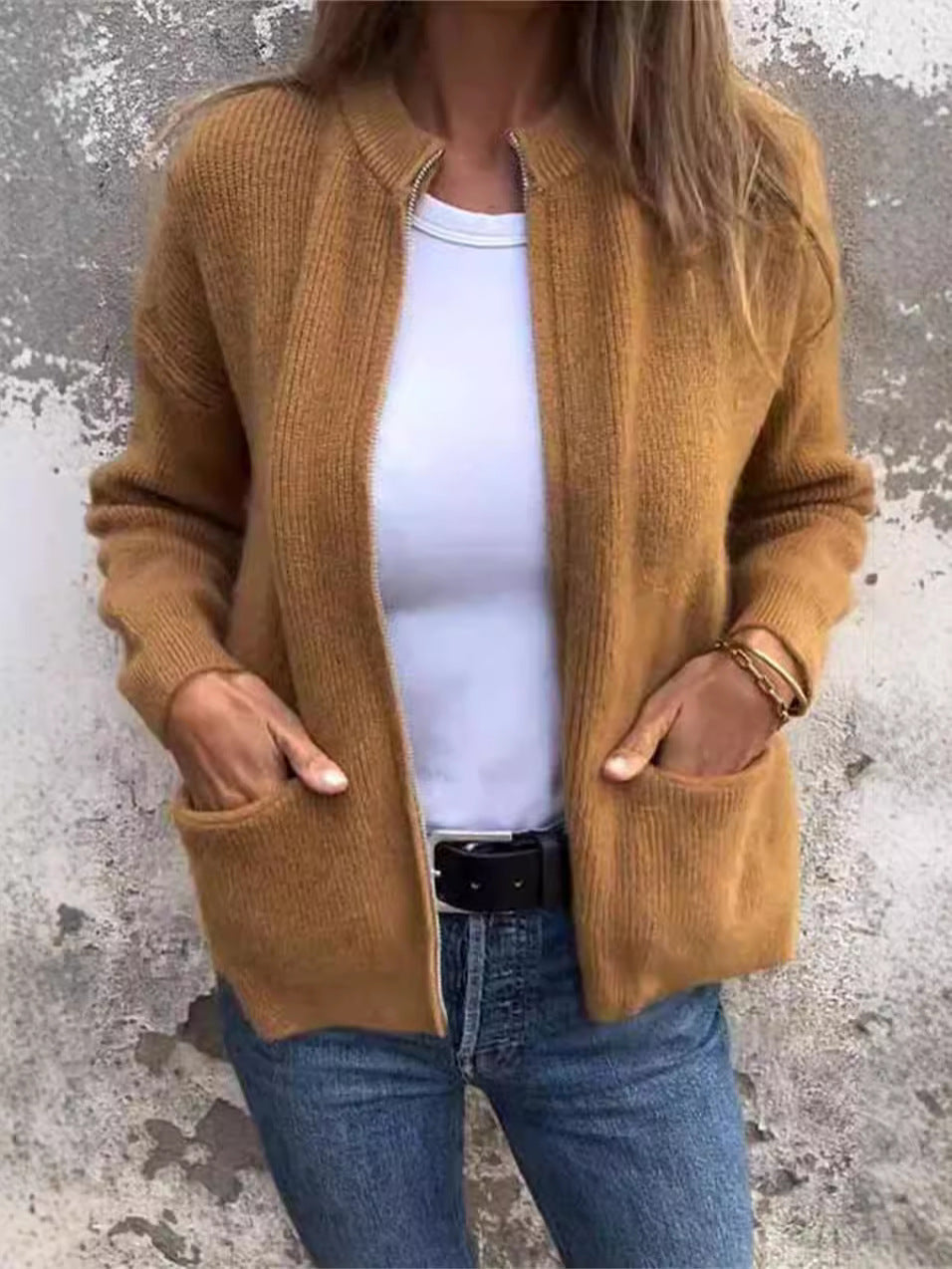 Women's ribbed knit jacket beige stand-up collar zip front relaxed silhouette everyday style