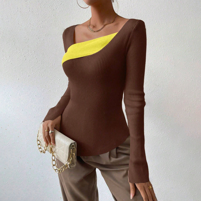 Women's ribbed knit sweater slim fit asymmetric neckline long sleeves Nordic Flair polished style