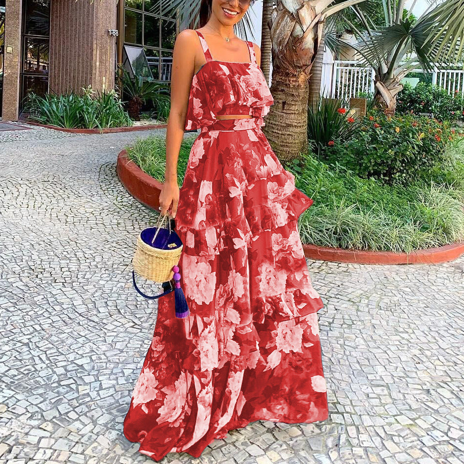 Women's two-piece spaghetti strap top and ruched maxi skirt set, lightweight summer coord