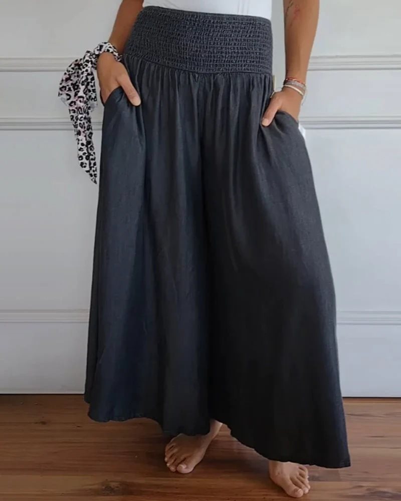 Women's wide leg pants airy fit smocked elastic waist with pockets lightweight everyday wear