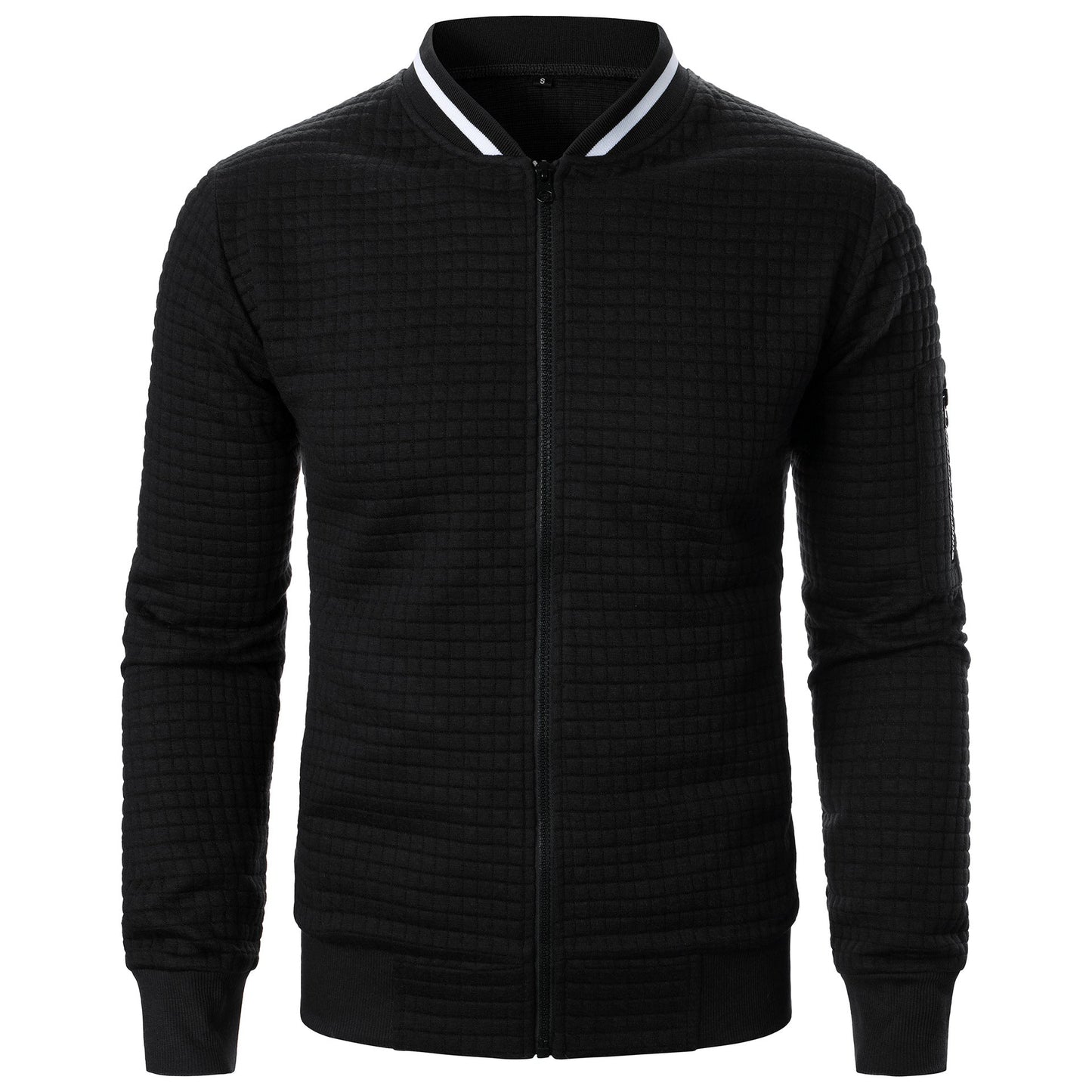 Men's black quilted bomber jacket regular fit with front zipper closure for spring and fall