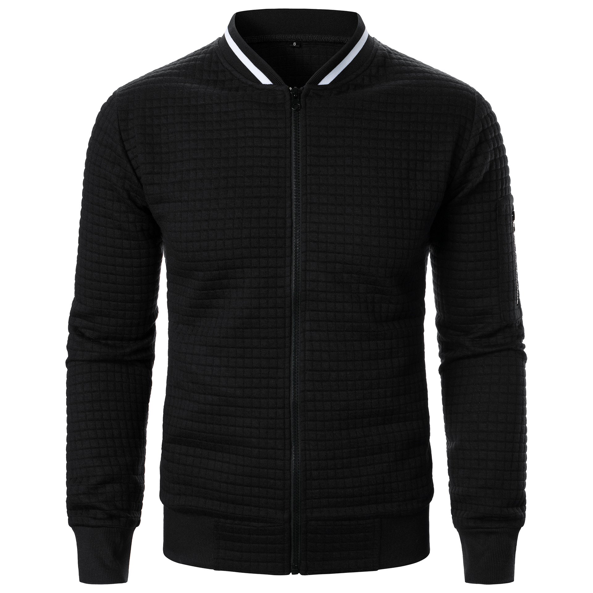 Men's black quilted bomber jacket regular fit with front zipper closure for spring and fall
