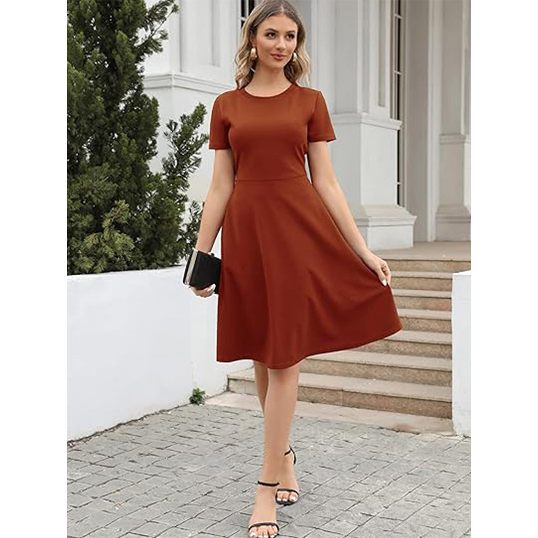 Women's fit-and-flare knee-length dress, short sleeves, round neck, timeless elegant silhouette