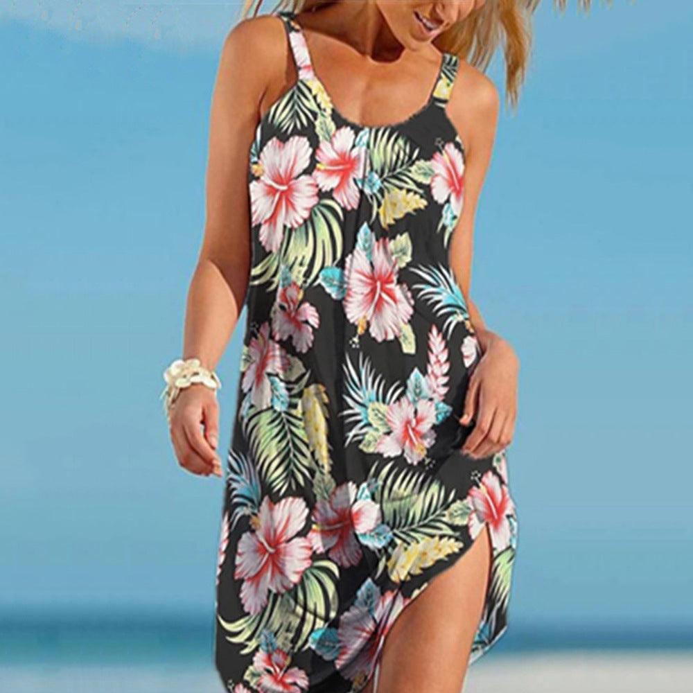 Women's floral print beach dress relaxed fit sleeveless with side slit, lightweight summer style