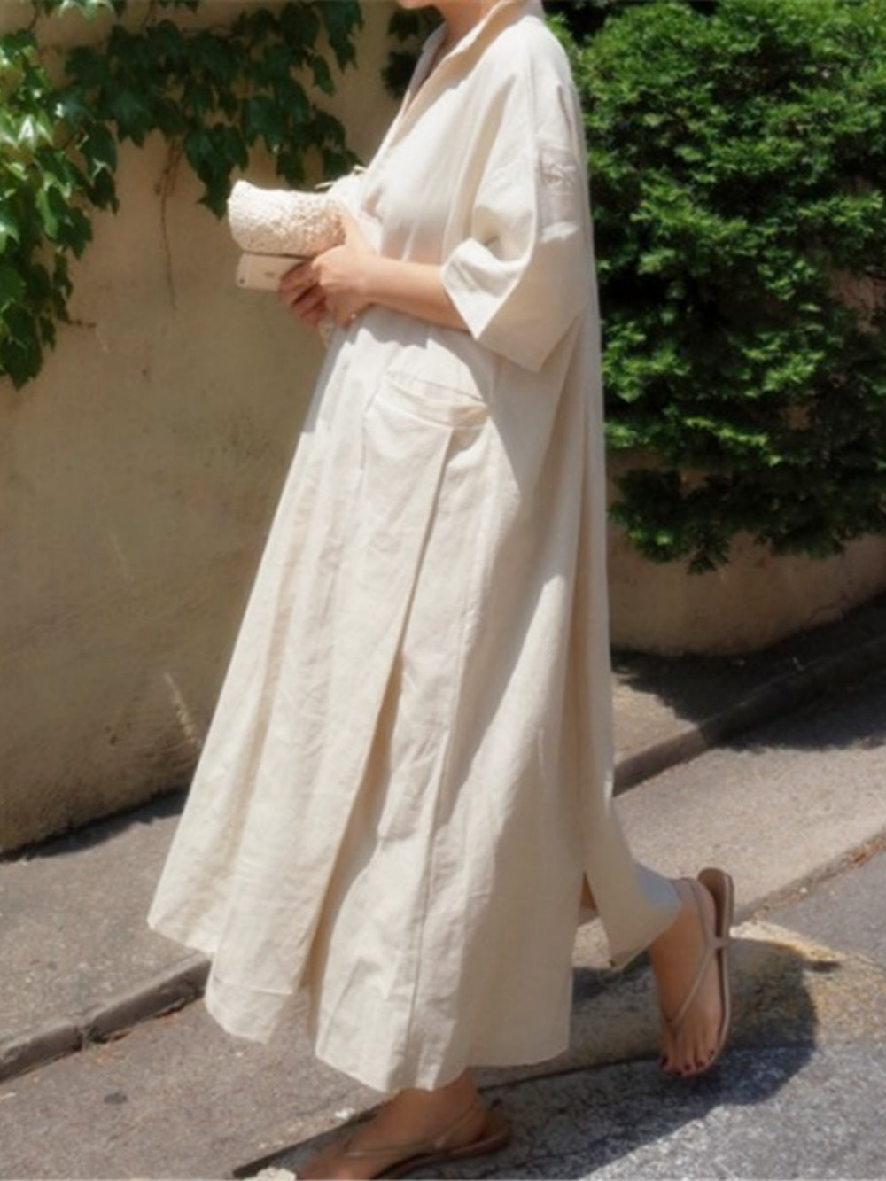 Women's cotton linen maxi shirt dress loose fit V-neck A-line silhouette breathable casual summer