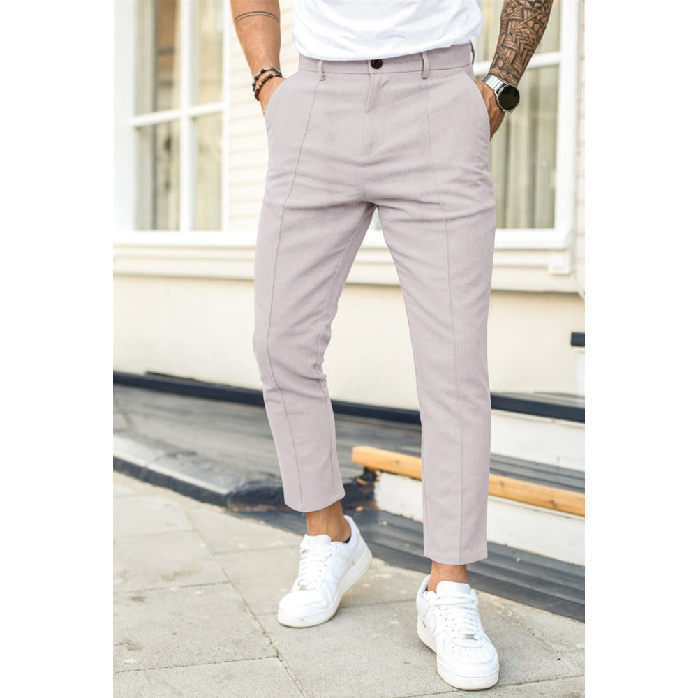 Men's slim fit ankle-length trousers with double pleats and belt loops, office-ready style