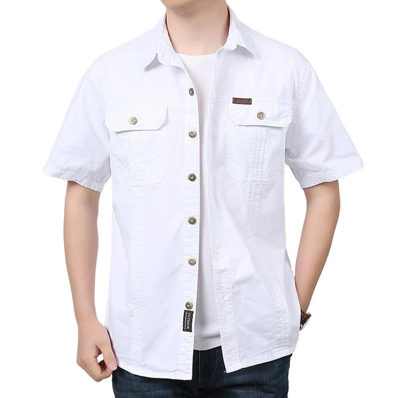 Men's relaxed fit cotton blend short sleeve shirt with dual chest pockets, versatile everyday style
