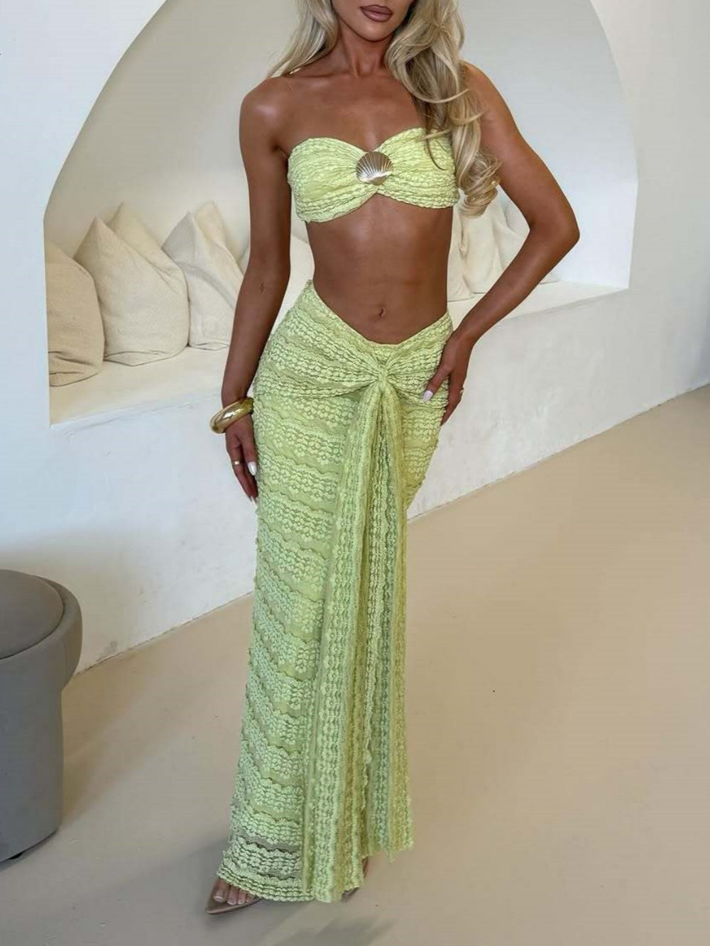 Women's shell two-piece swimsuit set strapless bandeau top flowing maxi skirt gold shell accents