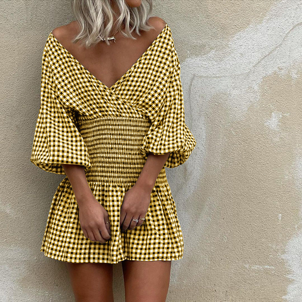 Gingham cotton blend mini dress with V-neck, puff sleeves, and smocked waist for women
