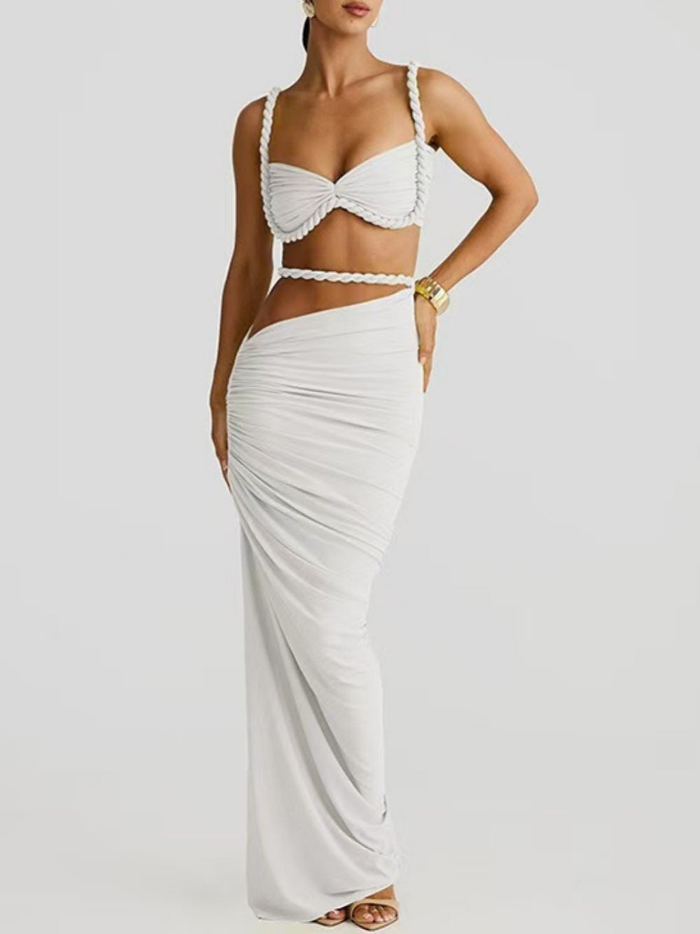 Pearl marble two-layer stretch skirt handcrafted rope waist asymmetrical hem modern silhouette