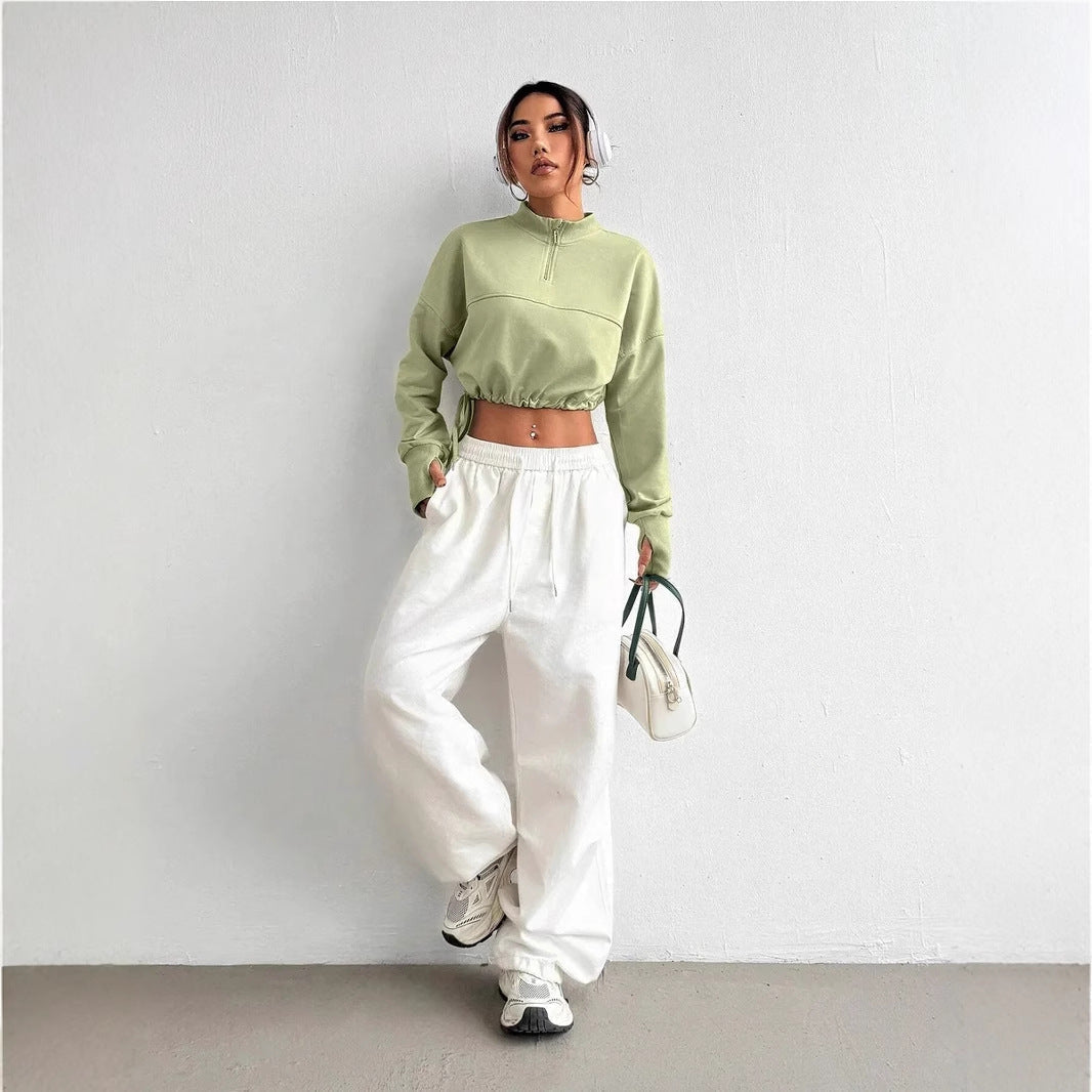 Women's cropped half-zip sweatshirt cozy winter fleece with adjustable neckline modern fit