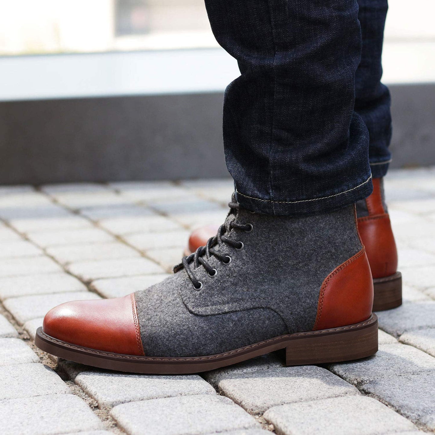 Men's leather textile ankle boots cap toe lace-up smart casual dress footwear black