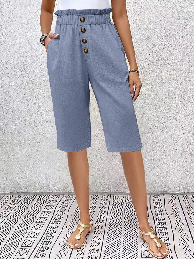 Women's relaxed fit Bermuda shorts linen-blend fabric elastic waistband front button everyday comfort