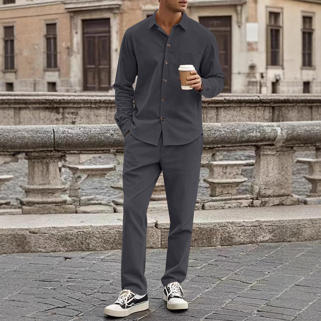 Men's brown corduroy matching shirt and pants set relaxed fit Nordic casual fall winter two-piece
