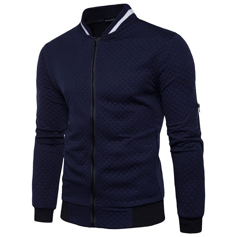 Men's slim fit quilted cardigan in neutral tone with front zipper and unique sleeve pocket detail