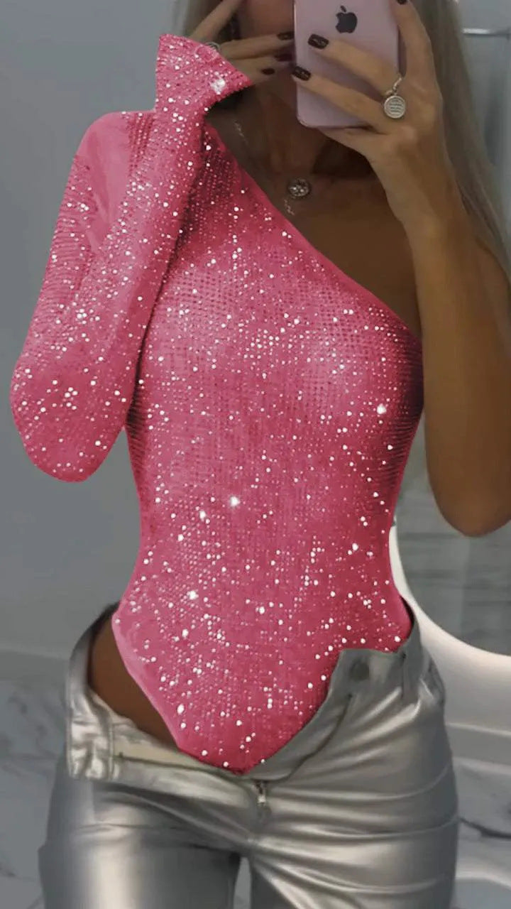 Women's one-shoulder sequin top with rhinestones, asymmetrical glam clubwear in silver