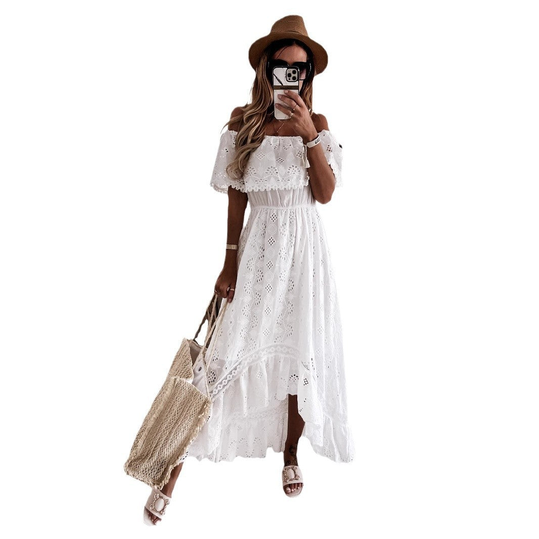 White off-shoulder lace maxi dress fitted waist airy bohemian silhouette coastal chic summer style