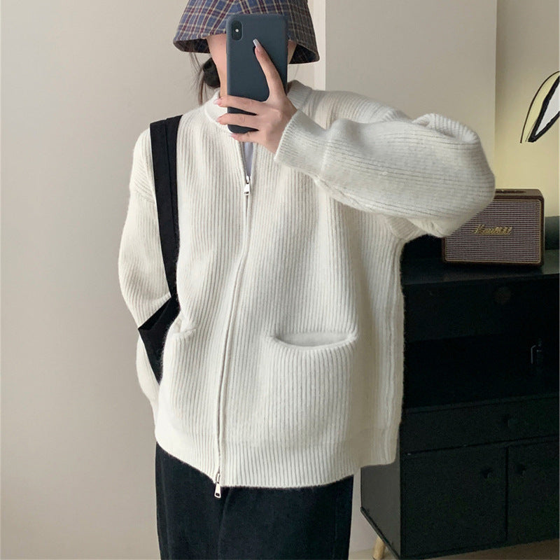 Women's oversized ribbed wool-blend cardigan cozy fit with pockets and double zipper closure