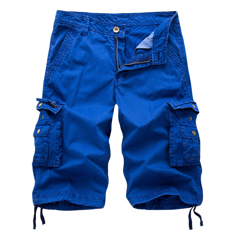 Men's khaki relaxed fit knee-length cargo shorts with multi-pocket design for outdoor adventures