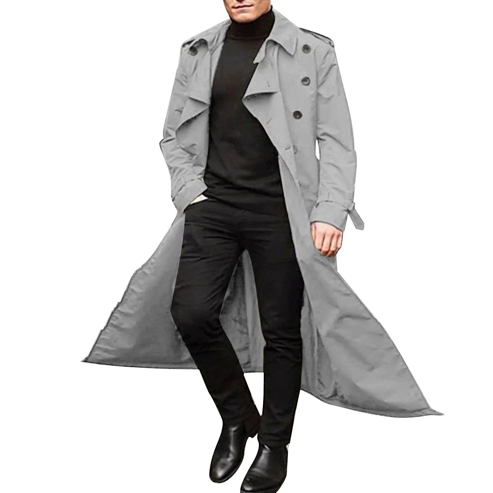 Men's tailored fit double-breasted full-length trench coat with notched lapels for a polished look