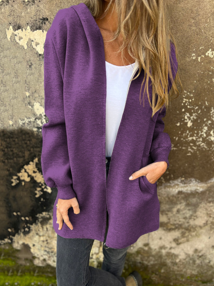Women's relaxed-fit hooded jacket cotton blend zip-front with pockets, cozy everyday warmth