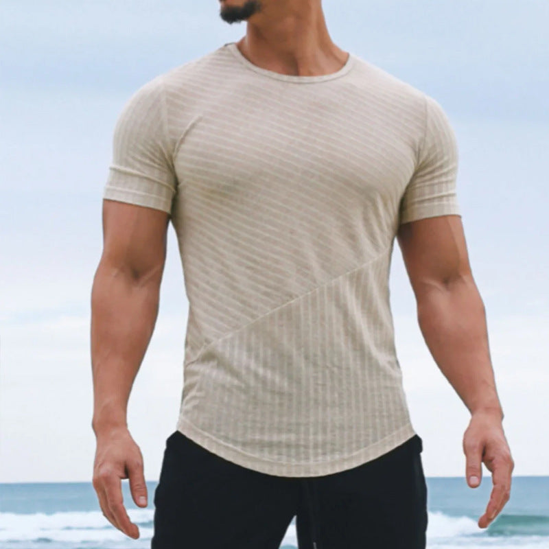 Men's slim fit striped cotton blend round neck T-shirt in Nordic casual style