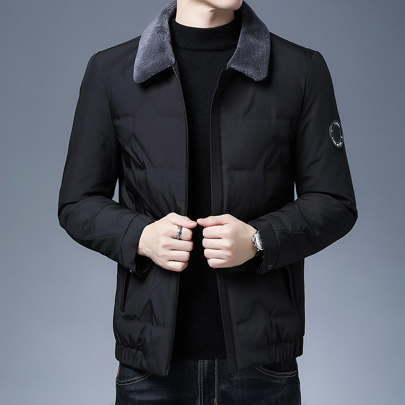 Men's slim fit short puffer jacket with detachable fur collar, water repellent warm urban style