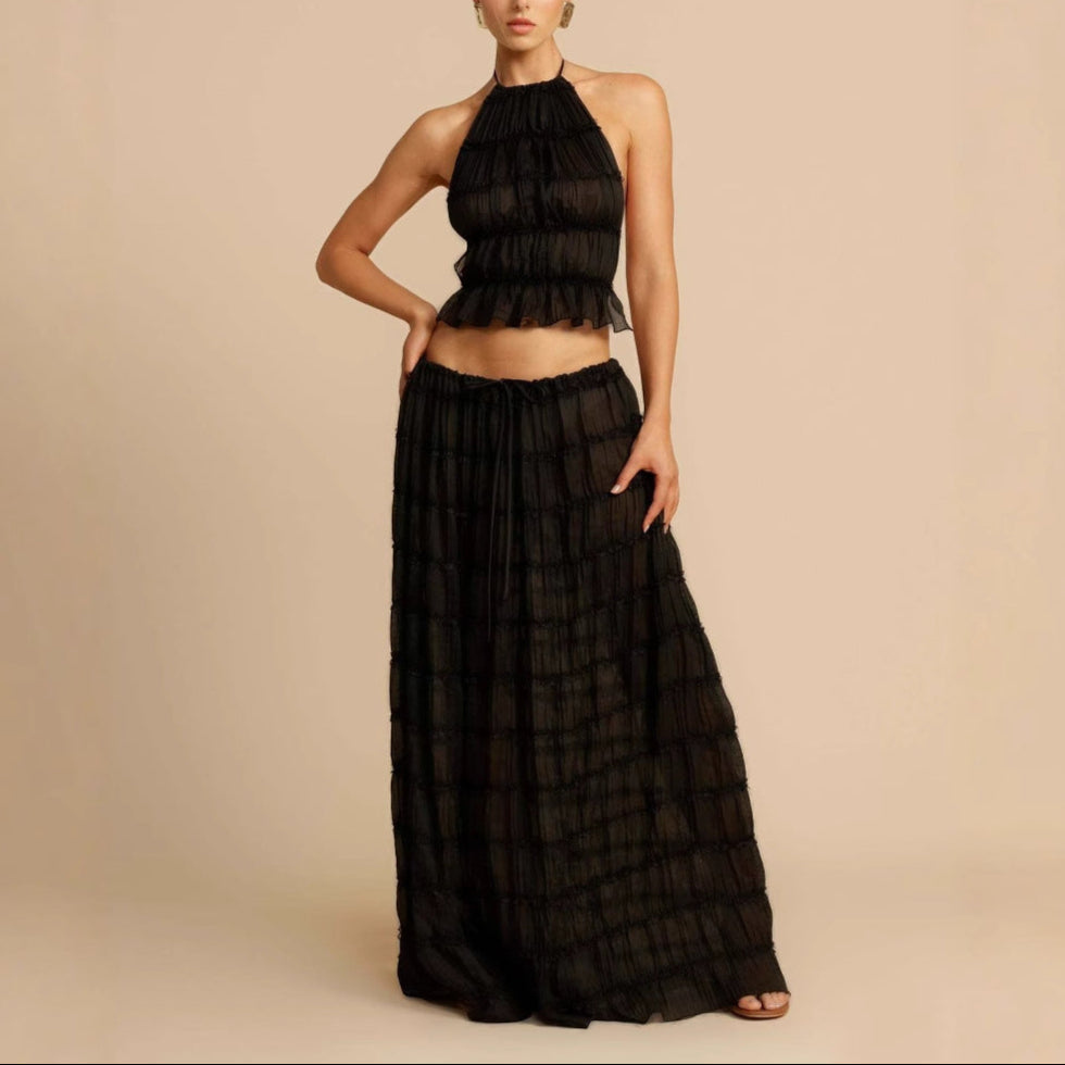 Women's ruched halter crop top and elastic waist maxi skirt two-piece set vacation outfit