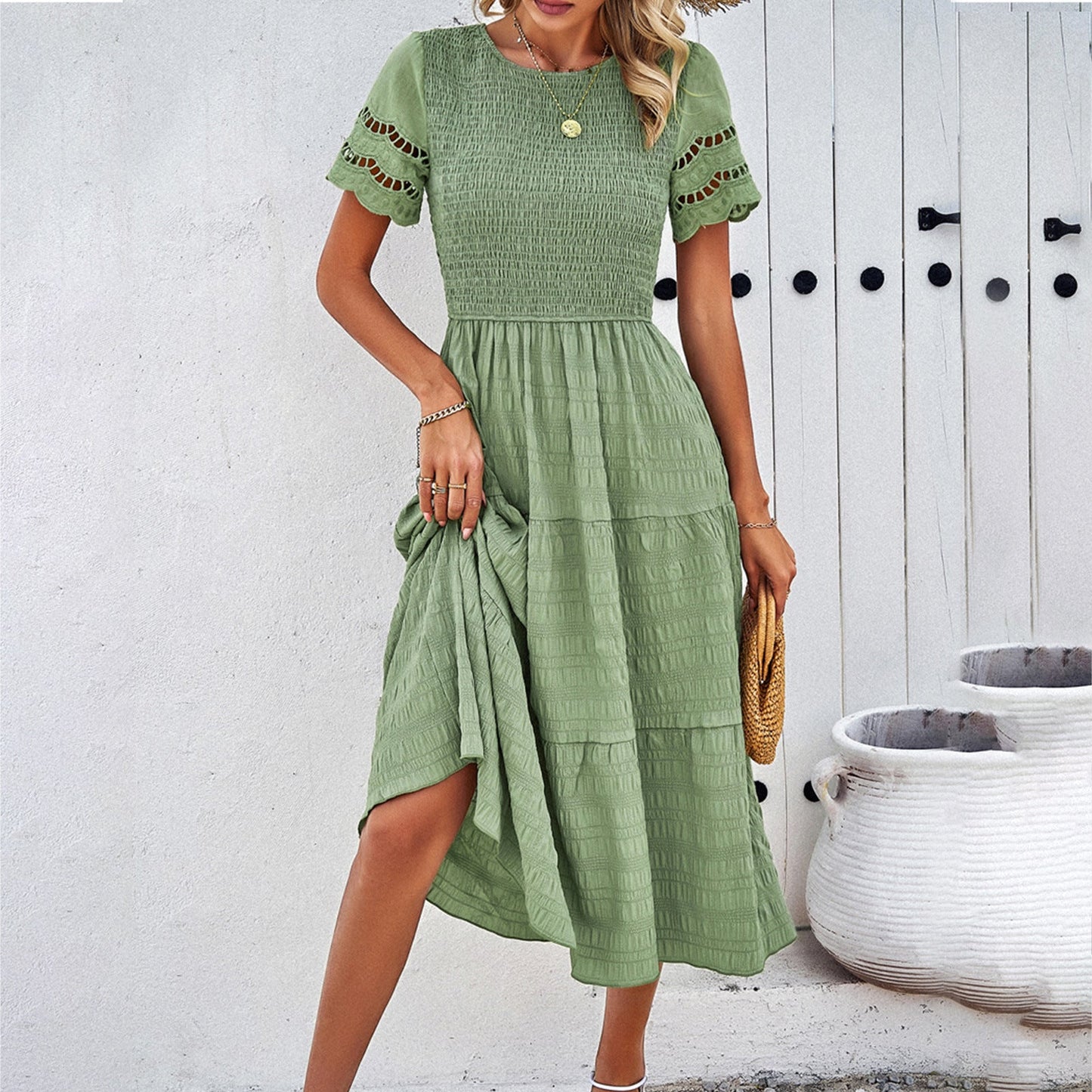 Women's cotton midi dress smocked bodice tiered skirt cutout short sleeves loose fit warm-weather chic