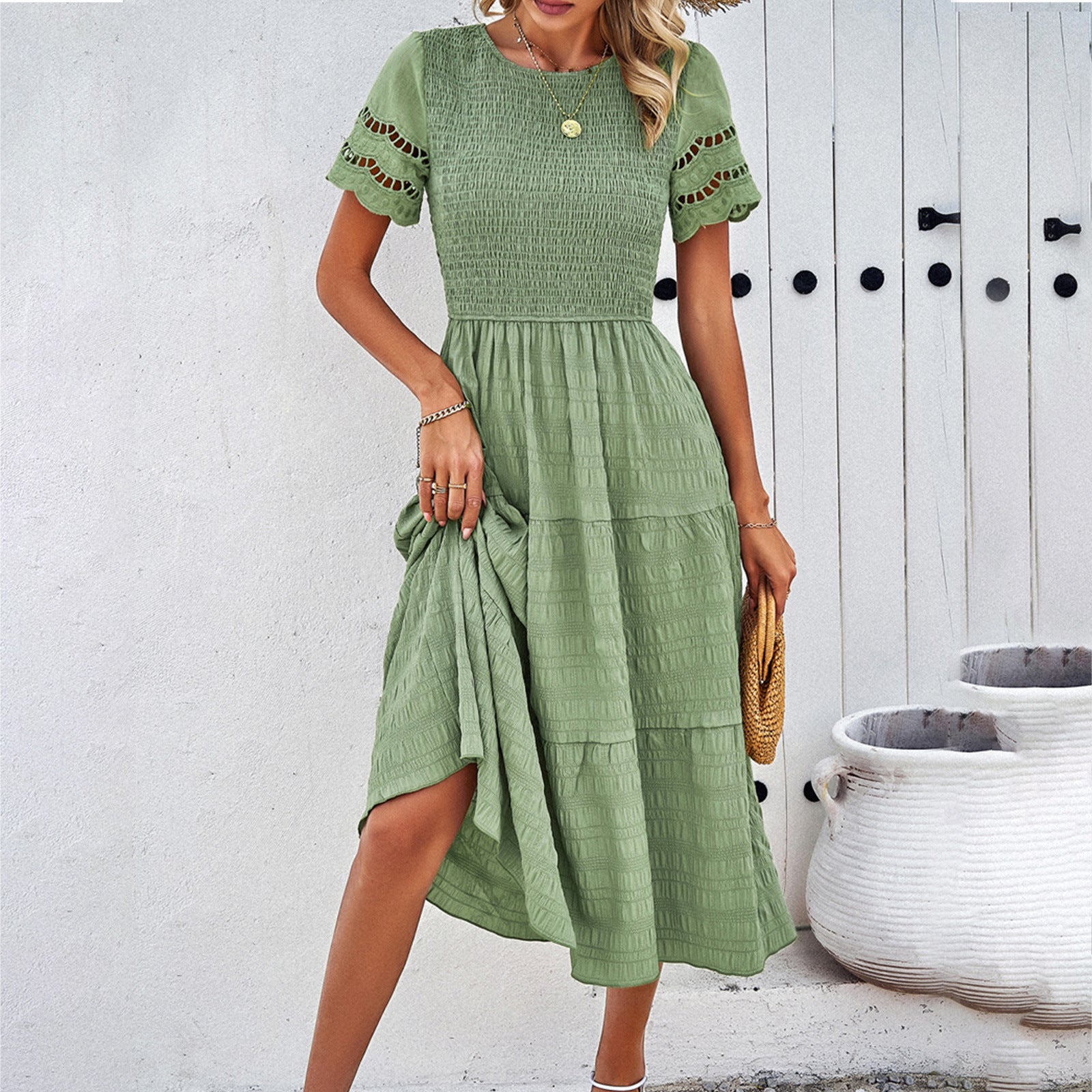Women's cotton midi dress smocked bodice tiered skirt cutout short sleeves loose fit warm-weather chic