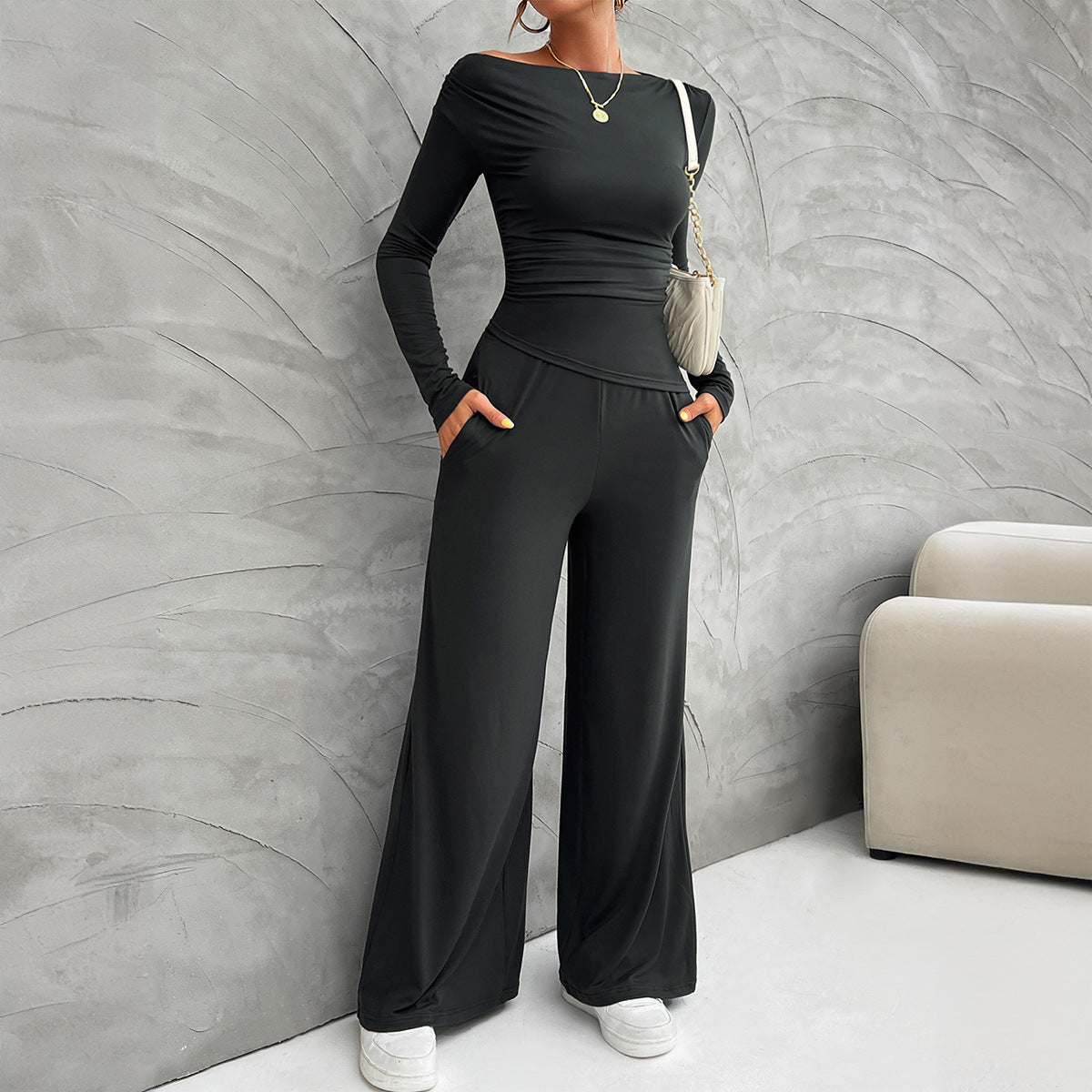 Women's ivory slim fit long-sleeve top and high-waisted wide-leg pants professional suit set