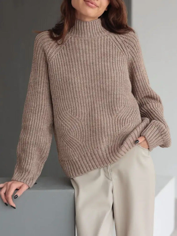 Women's taupe wool blend turtleneck sweater loose raglan fit with ribbed texture cozy knit style