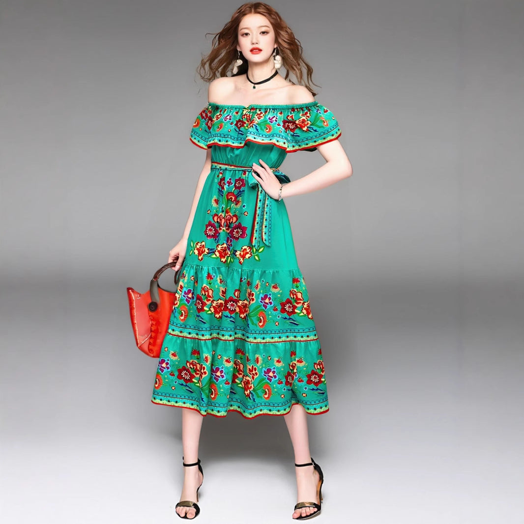 Floral off-shoulder maxi dress with ruched bodice and tiered skirt in vibrant summer print